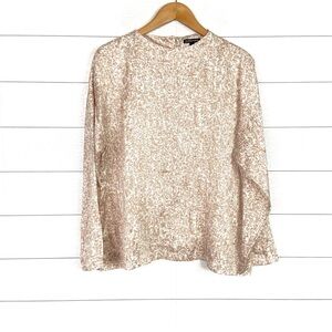 Eileen Fisher Silk Organic Cotton Funnel Neck Box Top Blouse Tan Prism Large